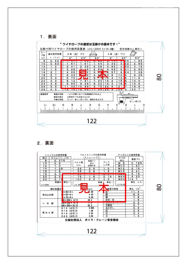 玉掛け用ワイヤロープの使用荷重表